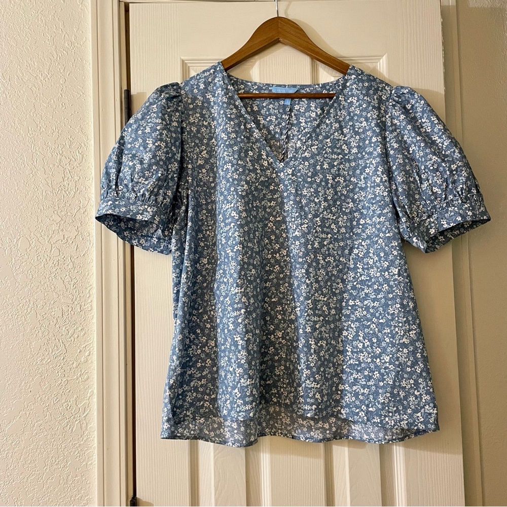 DRAPER JAMES Heidi Puff Sleeve V-Neck Blue Floral Blouse Women’s Plus Size 2X